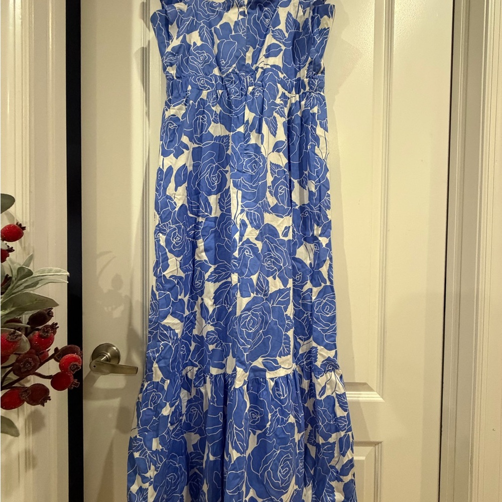 Caroline Constas Blue & White Rose-Print Strapless Maxi Dress